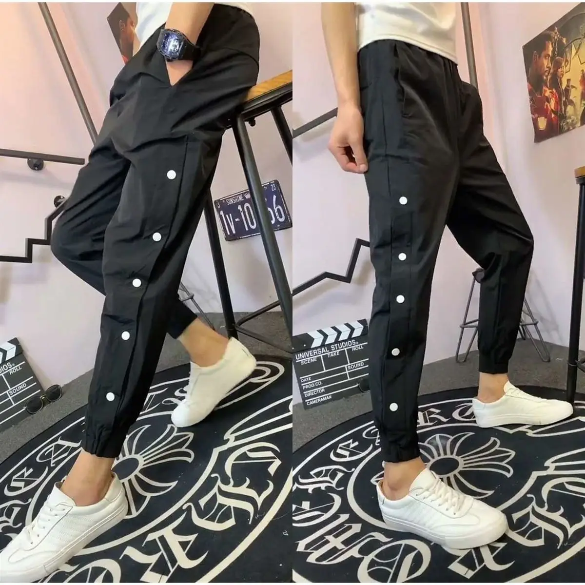 Spring Autumn New Men's Casual Color Blocked Skinny Tight Legged Pants Slim Fit Elastic Small Leg Haren Pants Trendy Work Pants