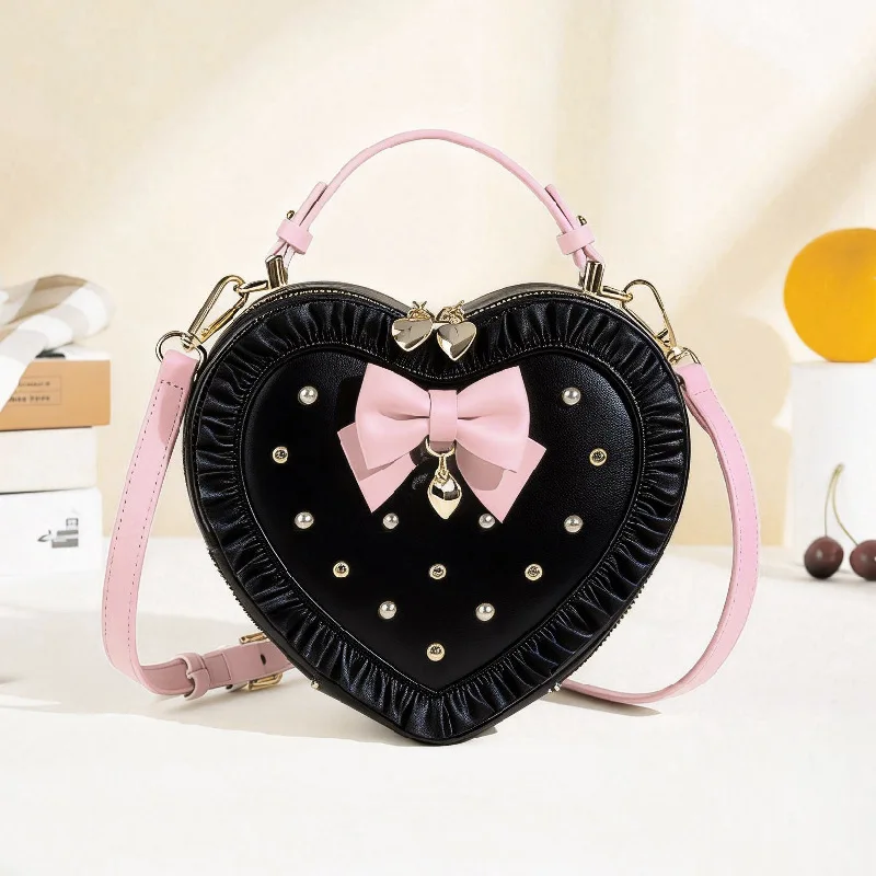 

Japanese Original 2026 Love Sweet Lolita Bow Peach Heart Bags Women's Handbag Shoulder Bag Cute Lace Pearl Bow Bag for Female