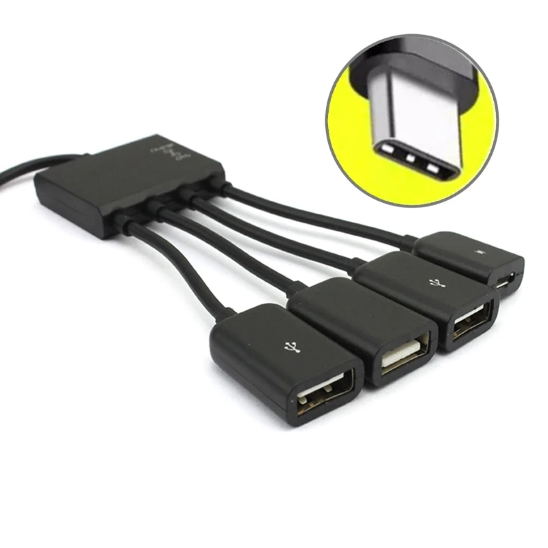 

USB OTG Hub with Charging Switching 1 to 4 MicroUSB TypeC Charging Cable Multiple Devices Simultaneously