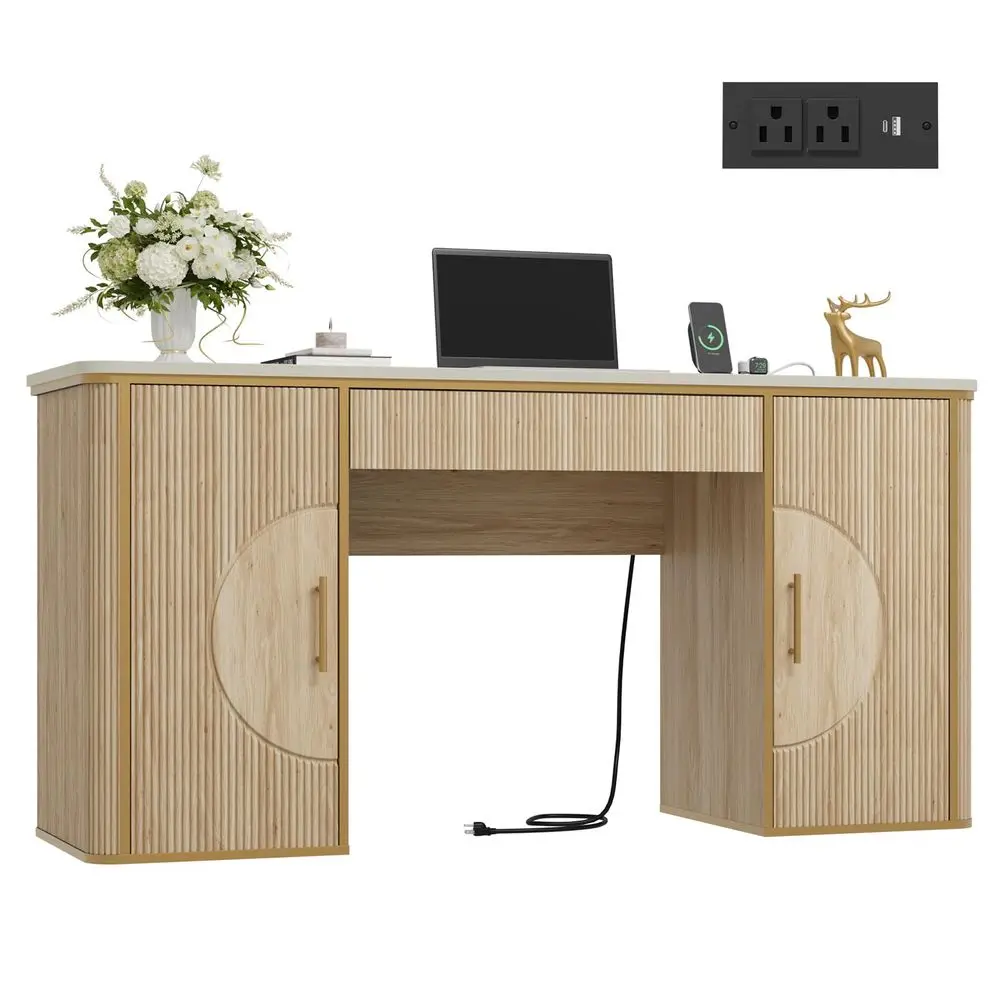 

Fluted Computer Desk, Wooden Long Home Office Writing Desk with Drawer amp Storage Cabinet, Modern Writing Table with Charging