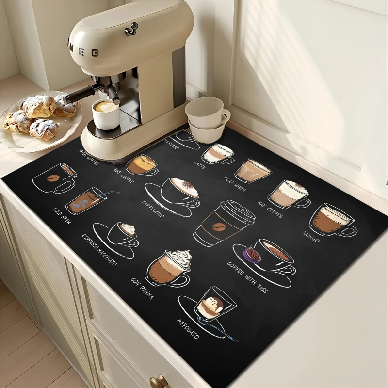 Vintage Coffee Pattern Machine Pad Soft Rubber Drain Pad Non-slip Super Absorbent Mats Wear resistant Dish-washing Dry Pad Decor