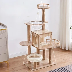 Multi-layer Cat Climbing Frame Scratching Posts Modern Cat Tree Tower Multi-Level Large Wooden Cat Tree House Cat Condo Cat Toys