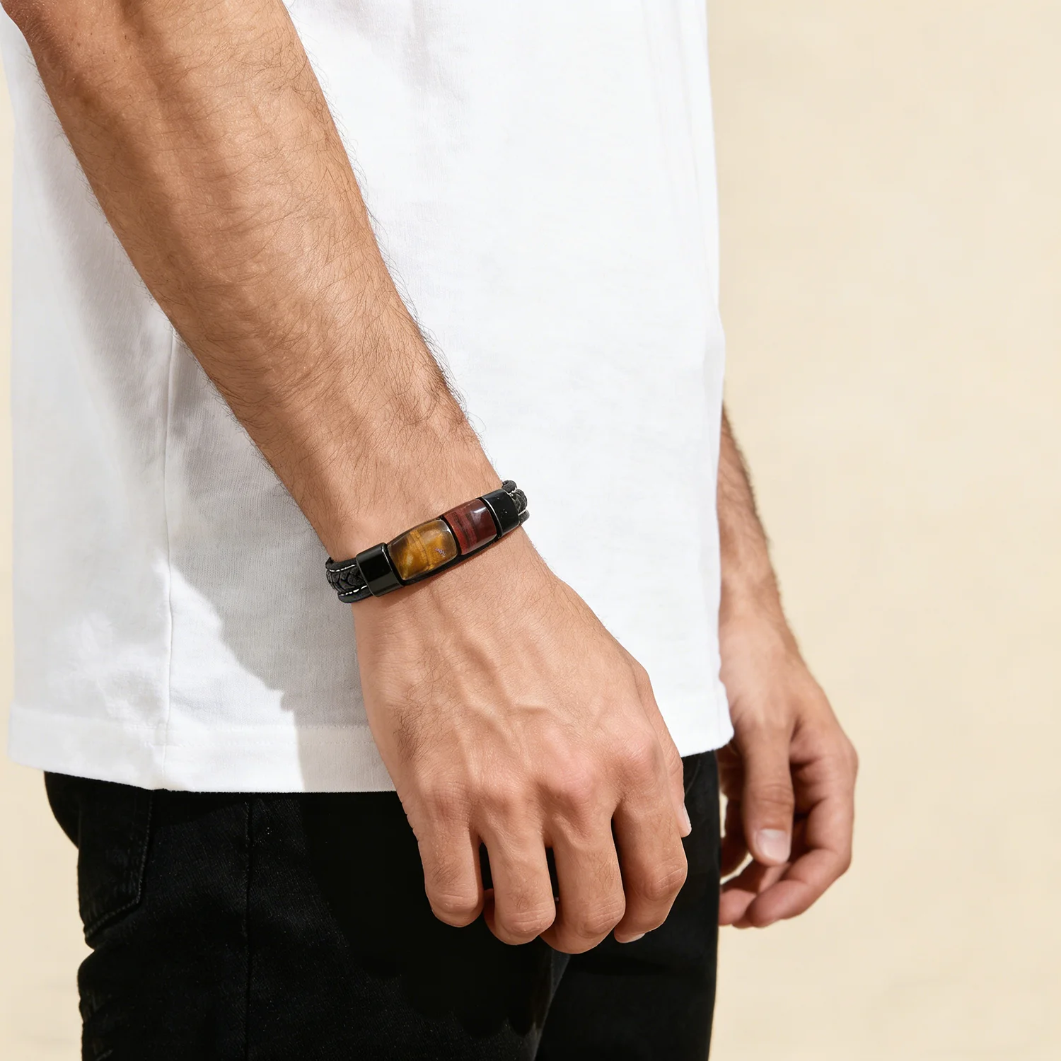 Natürliches Armband aus Tigeraugenstein und gewebtem Leder für Damen und Herren, schwarzes Metall, 2026, trendiger Modeschmuck, luxuriös – Detail 8