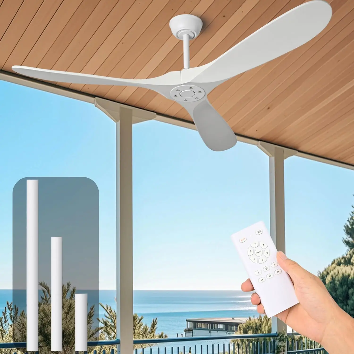 Solid Wood Fans Without Light, 60 Inch Real Wood Fan with Remote Control and 3 Blade, Natural Wood Fan White