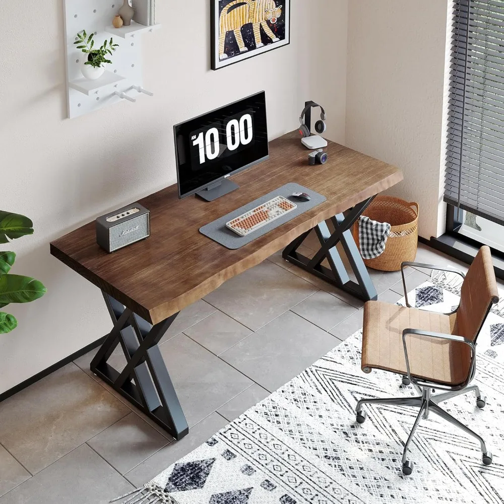 مكتب كمبيوتر من الخشب الصلب، مكتب دراسة، مكتب كتابة 55 بوصة، طاولة كمبيوتر حديثة وبسيطة الطراز، إطار معدني أسود،