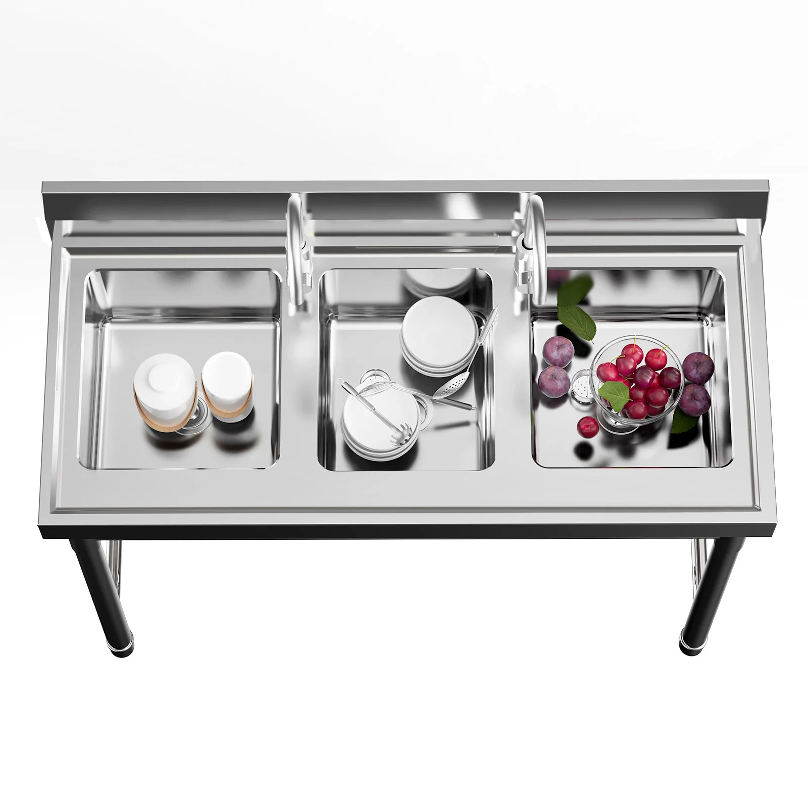 Commercial 304 Stainless Steel 3-Slot Sink with 2 Faucets, Freestanding Kitchen Washing Station for Restaurant Farm Home