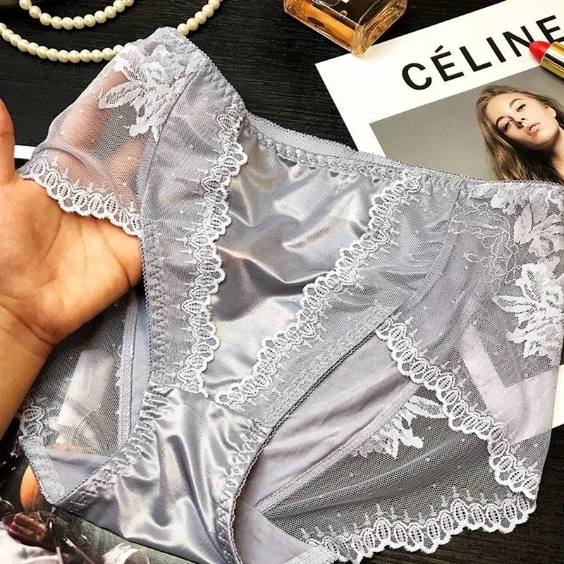 New Mid Rise Triangle Panties High End Satin Modal Underwear Women Oversized Buttocks Light Luxury Sexy Lace Cotton Crotch Brief