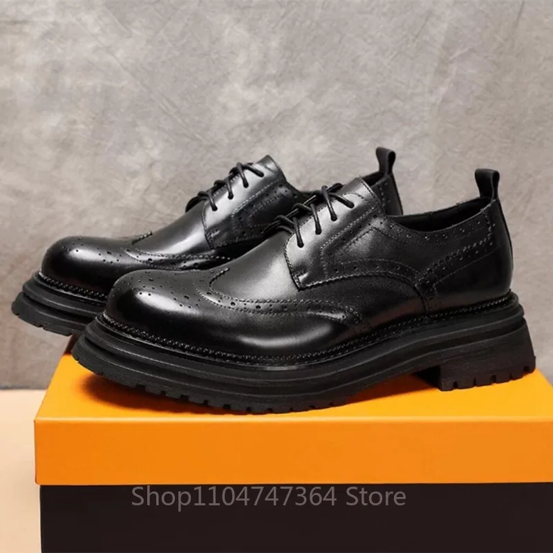 British Big Round Toe Brogue Shoes Breathable Men Premium Genuine Leather Thick Sole Wedding Shoes Business Casual Derby Shoes