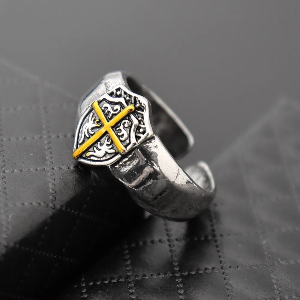 Vintage Creative Knight Shield Cross Men\'s Open Ring Fashion Punk Hip Hop Party Cool Personality Jewelry Accessories Gift