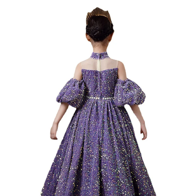 Children Ball Gown 2023 New Sequins Wedding Flower Girls Dress Luxury Off Shoulder Kids Piano Costume Birthday Party Dress