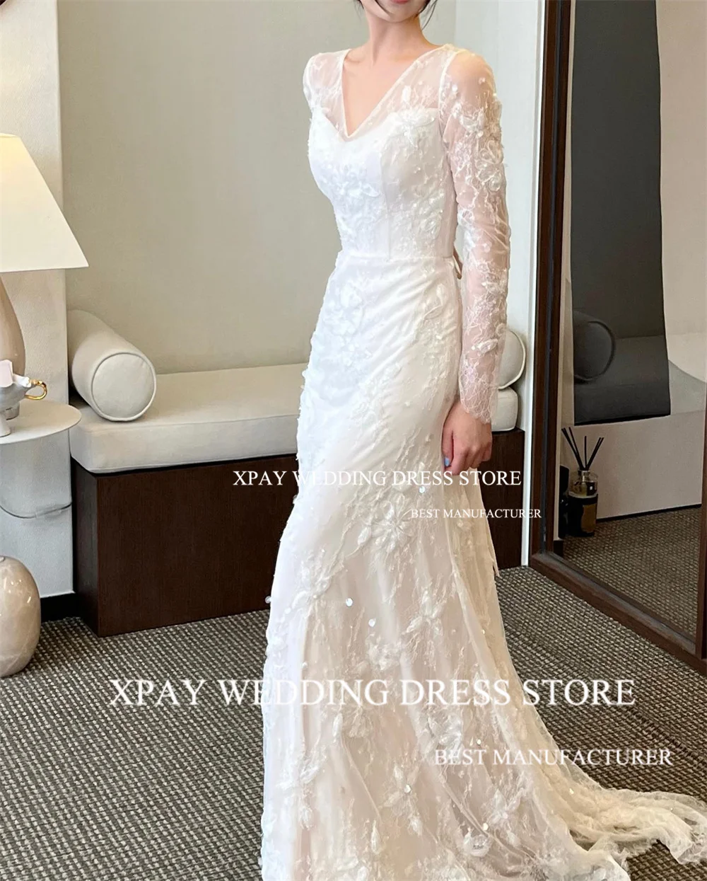 XPAY Vintage V Neck Korea Mermaid Wedding Dresses Lace Appliques Long Sleeve Bridal Dress Backless Custom Boho Bride Gown