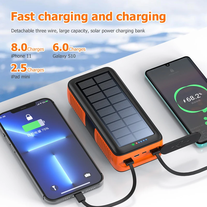 Solar Power Bank Hand Crank Generator Portable Charger Built-in Cables 4 LED Flashlight for Camping Hiking Outdoor Emergency