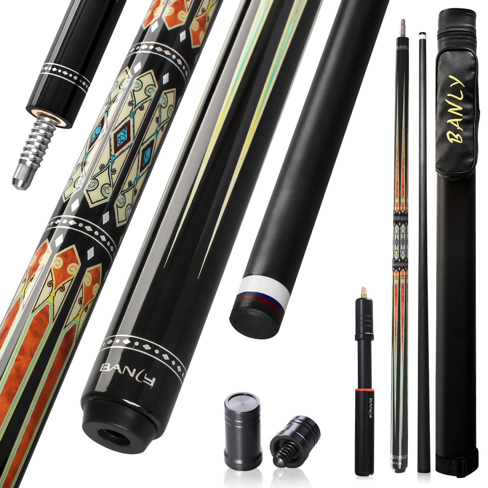 BANLY King Series - Professional Carbon Fiber Pool Cue Sticks, 12.5mm Multi-layer Tip with XTC Ferrule, 3*8/8 Joint, 58inch, 19-20oz Biiliards with Cue Case