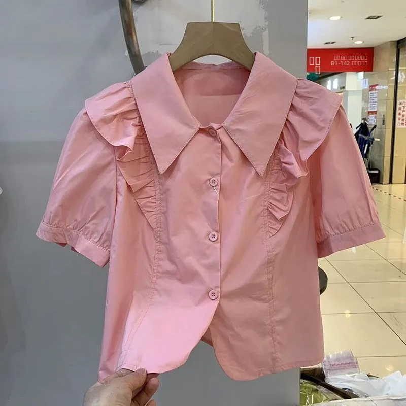 Chemise élégante à col plissé uni, tendance estivale pour femmes, chemise décontractée pour femmes, col de poupée