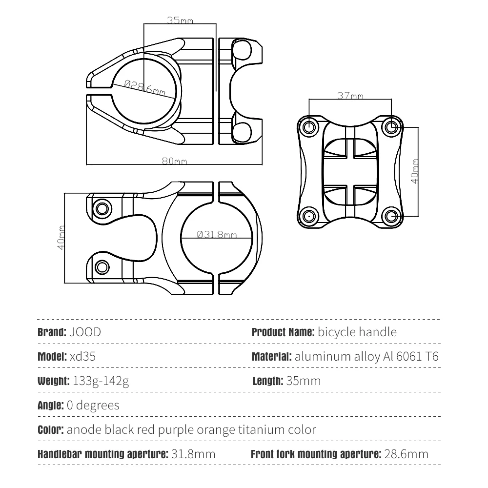 JOOD CNC Bicycle Handlebar Stem Mtb Power Short 35mm Mountain Bike Bridge 31.8 Pipe Cycling Stem Riser Table