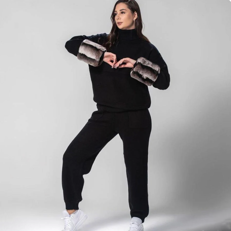 

Real Fur Sweater Matching Sets Women's Two Pieces Set Wool Cashmere Sweater With Chinchilla Rex Rabbit Fur Cuffs Woollen Pants