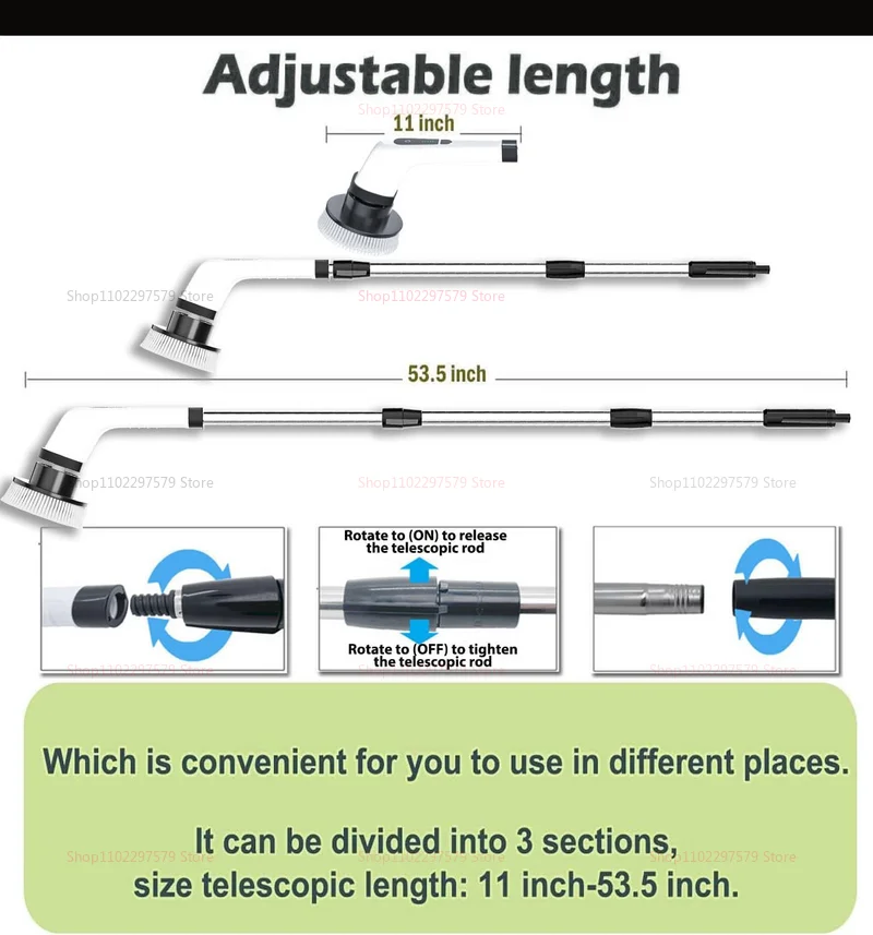 แปรงทำความสะอาดไฟฟ้าแบบไร้สาย 2 ระดับความเร็ว เครื่องขัดพื้นแบบหมุนกำลังสูง พร้อมด้ามจับปรับความยาวได้