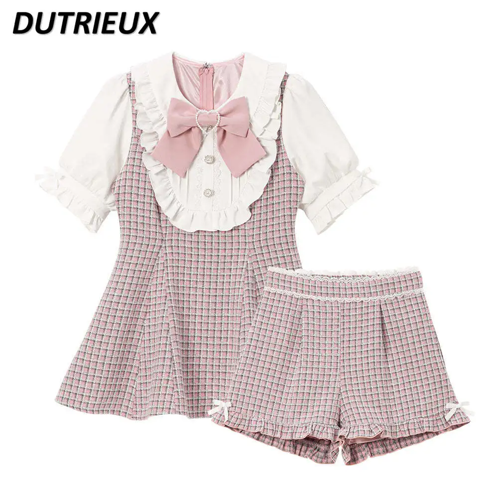 

2023 Autumn New Fashion Woolen Shorts Suit Women's Sweet Bow Lolita Cute Girl Japanese Style Dress Shorts Two-Piece Suit Female