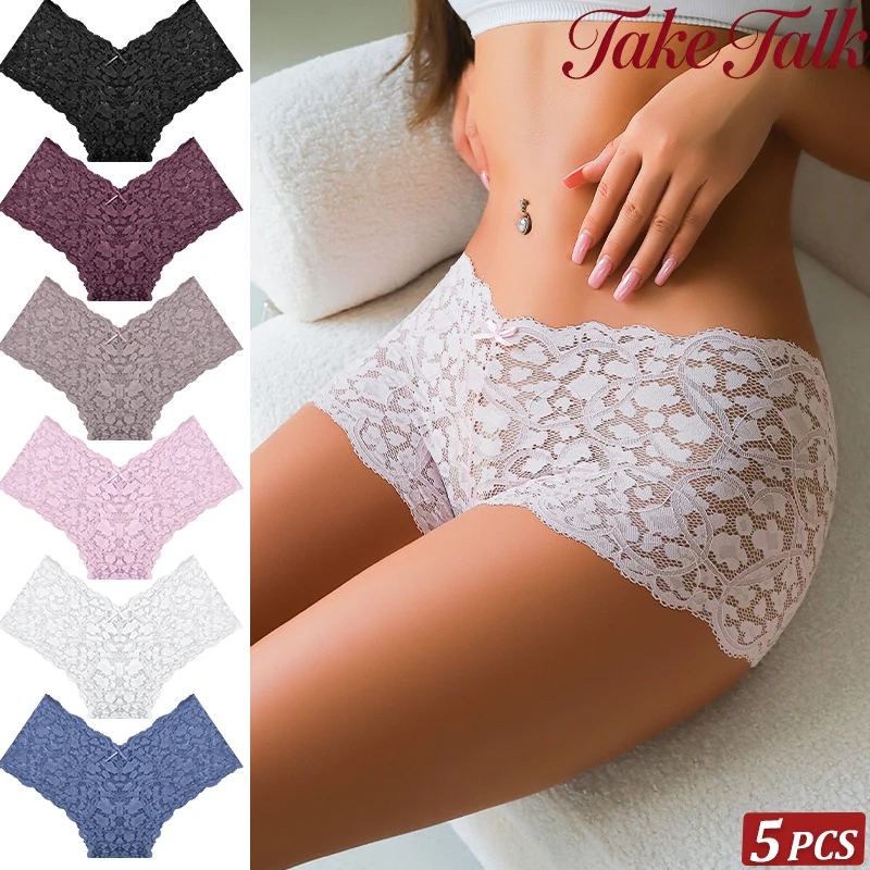 5PCS/SET Women Sexy Lace Panties Low Waist Bow Underwear Lace Trim Breathable Alluring Boxer Briefs MultiColor Pack Lingerie New