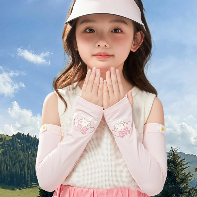 Miniso Sanrio أصلية صيفية للأطفال للحماية من أشعة الشمس وأكمام ثلجية من الحرير الجليدي ونمط رفيع رائع ومقاوم للأشعة فوق البنفسجية وحماية الذراع قابلة للتعديل