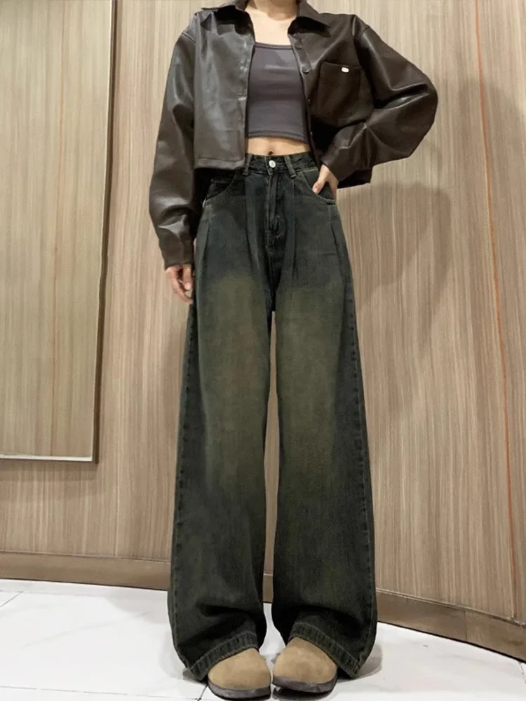 

Джинсы с высокой талией и широкими штанинами, женские винтажные свободные брюки больших размеров прямого кроя, осенние новые брюки с эффектом похудения