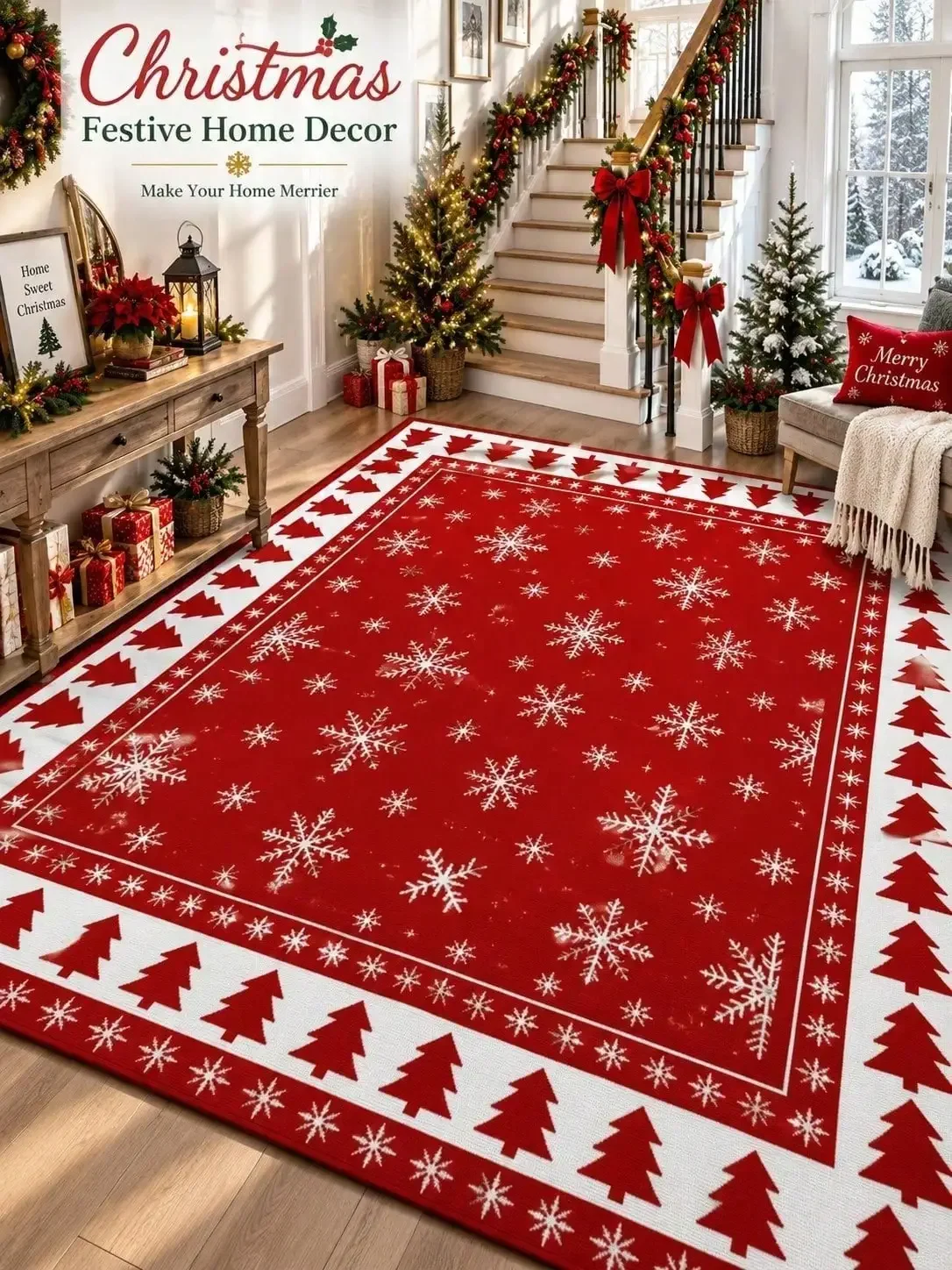 Christmas Rug Snowflakes Pine Trees Border Floor Carpet Runner Rugs Living Room Bedroom Entryway Dining Space Hallway Kitchen Office Home Decor Halloween Thanksgiving Anniversary Birthday Housewarming Party Gift for Family Friends Sisters Homeowner