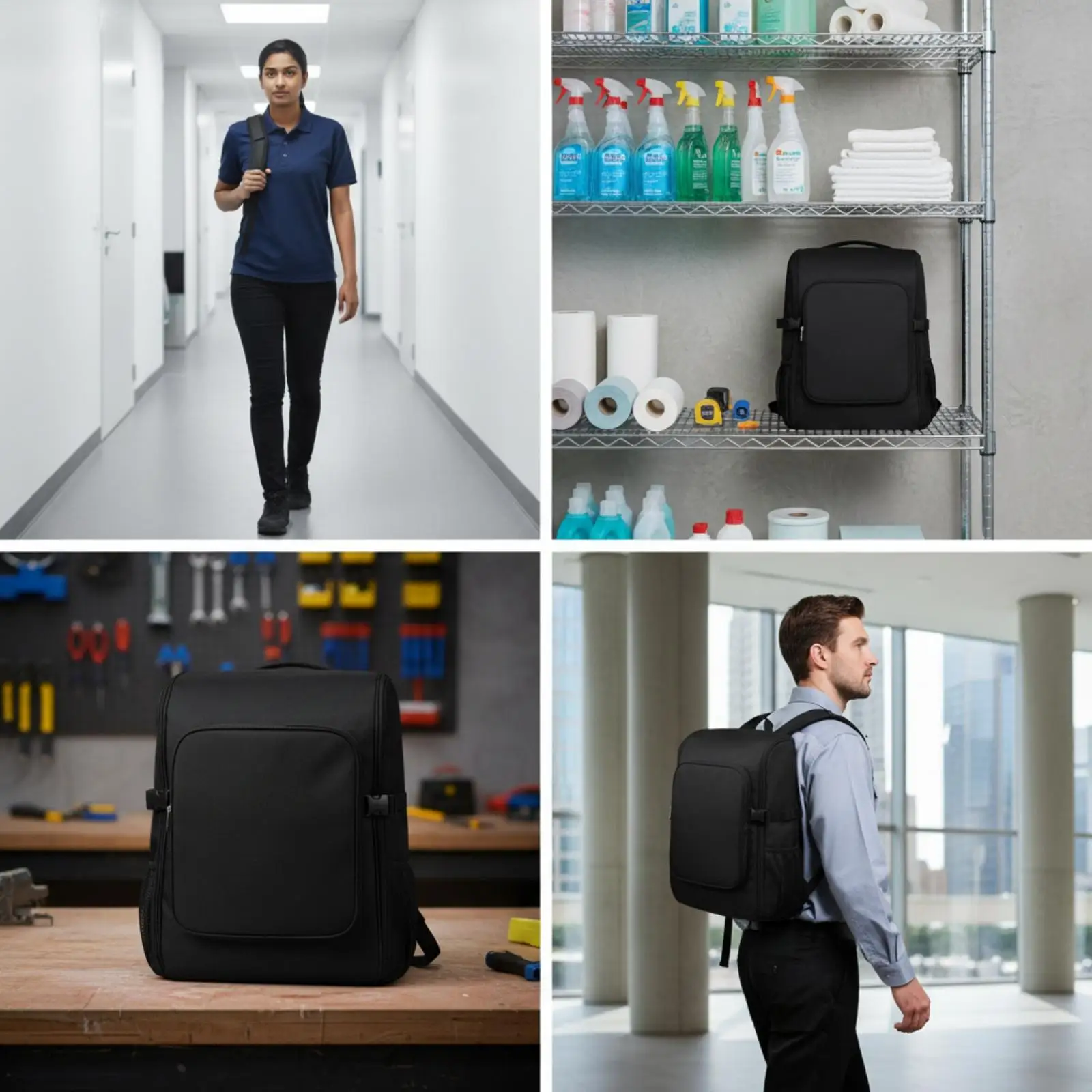 Organized Cleaning Carrier Backpack for Janitorial Supplies with Rectangular Body and Mesh Pockets for Wet Bottles