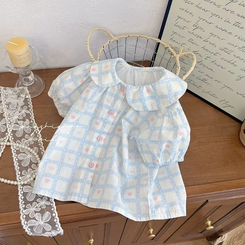 Girls Summer Pink Blue Heart Print Plaid Shirt Short Sleeve Casual Blouse Baby Girl New Fashion Y2K Korean Style