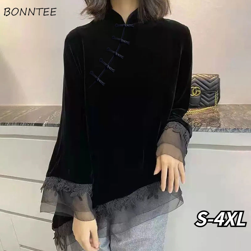 Popular Blouses Women Chinese Style Vintage Stand Collar Aesthetic Retro Patchwork Female Blusas Long Sleeve Temperament Chic