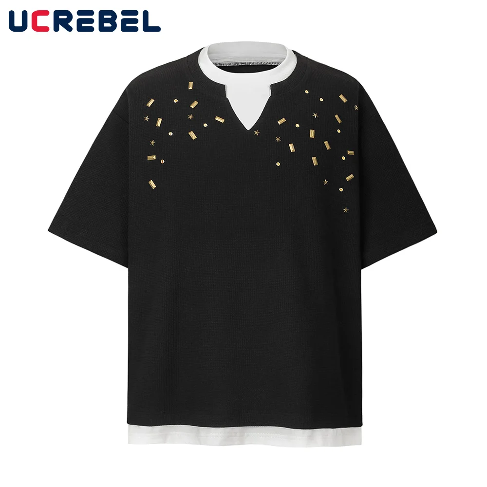 Fake Two Pieces Waffle Texture T-shirt Mens with Rivets Summer High Street Loose Short Sleeve Tee Men