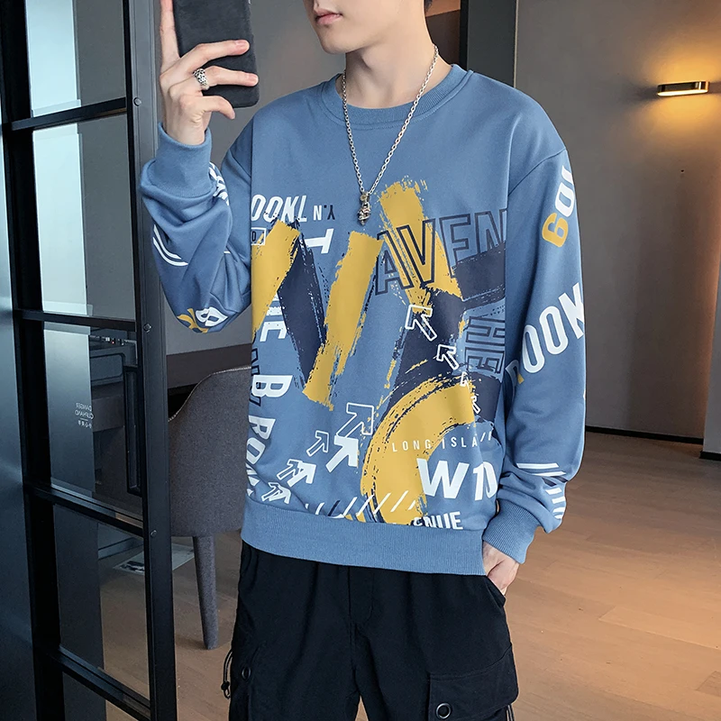 2023 New Spring Autumn Men's Round Neck Youth Trendy Large Size Printed Letter Long Sleeved Hoodies Bottom Pullover Casual Tops