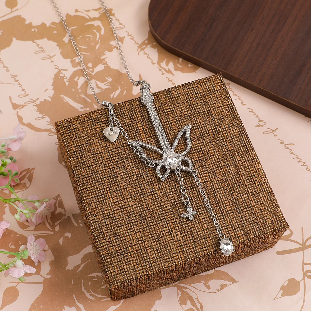 Guitar Butterfly Rhinestone Pendant Necklace Tassel Chain Rock Music Themed Statement Jewelry for Women