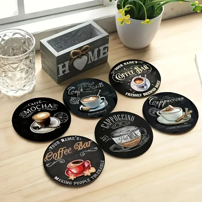 6 Stück Holzuntersetzer mit Kaffeemotiv, Tischdekoration, geeignet für Heimdekoration, Café-Dekoration und Party-Dekoration