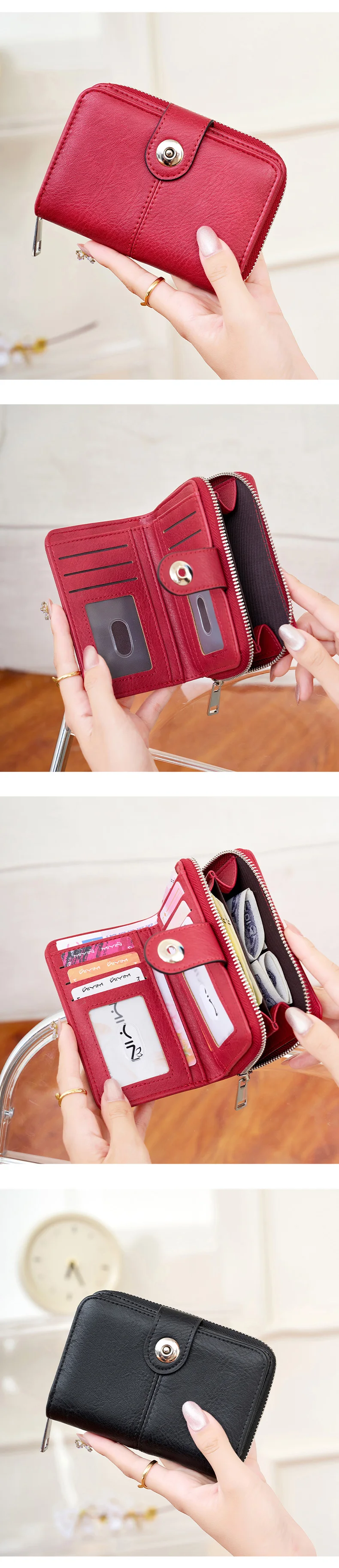 Vintage Damen RFID-blockierende Multifunktions-Kurzgeldbörse, Modische Großraum-Reißverschluss-Münzbörse, Einfacher Ausweis- und Kreditkartenhalter – Detail 6