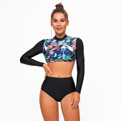 High Waist Bikinis Long Sleeve Swimwear Women Swimsuit Sexy Floral Print Bikini Set Beachwear Summer Bath Suit Surfing Biquini