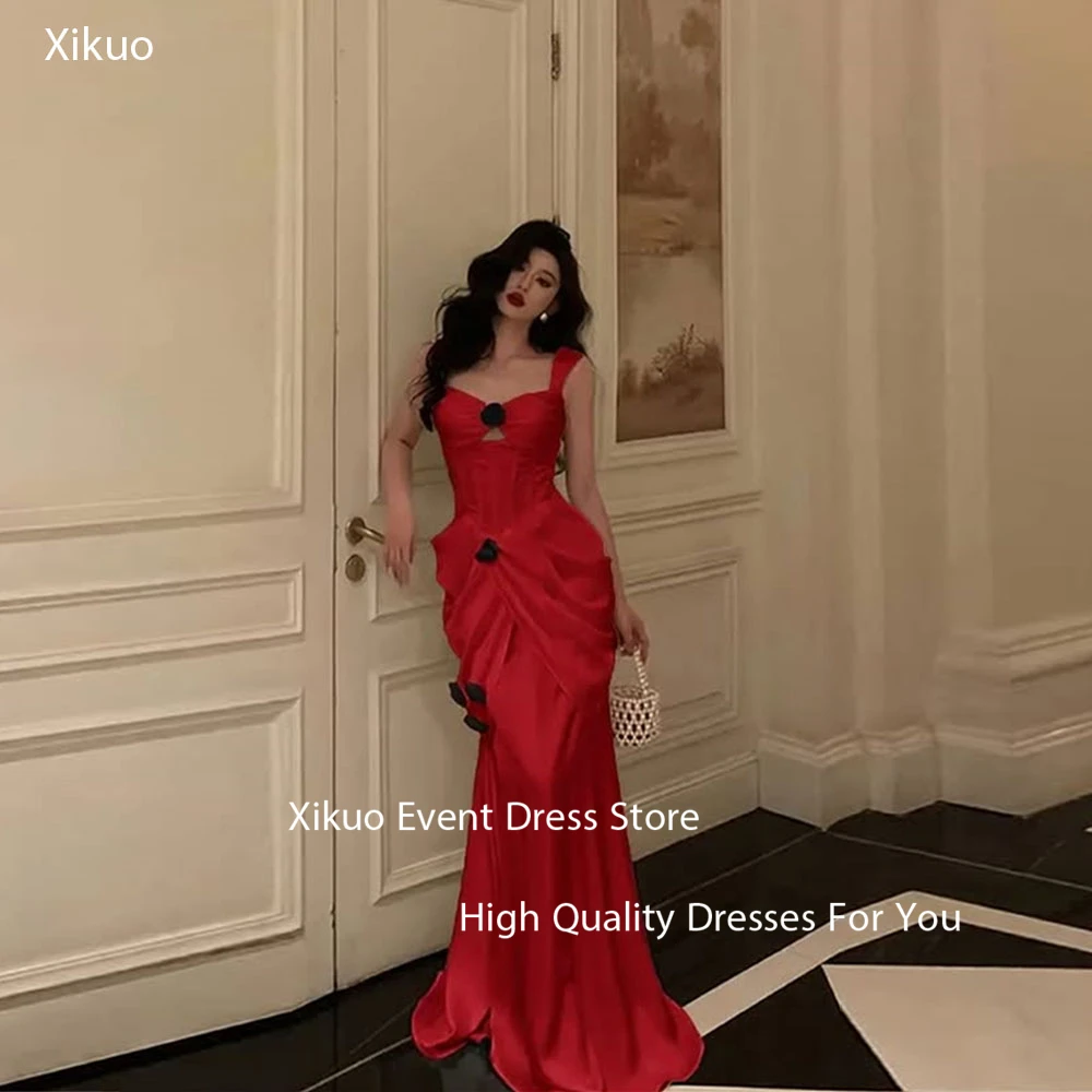 

Xikuo Fashion Red Satin Prom Dress Cut Out Bespoke Occasion Mermaid Evening Gowns 3D Flowers Sweetheart Evening Dress Customized