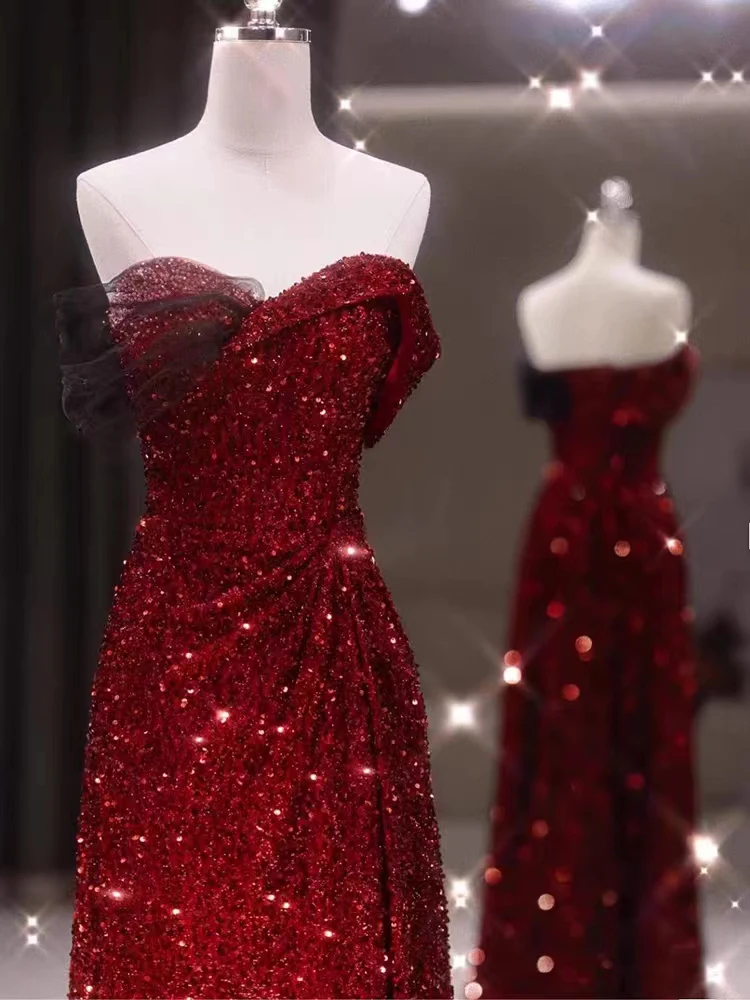 

Ele One-oulder Bridal Dr Sparkling Sequins Wedding Reception Gown Long A-Line Skirt ort Sve for Women