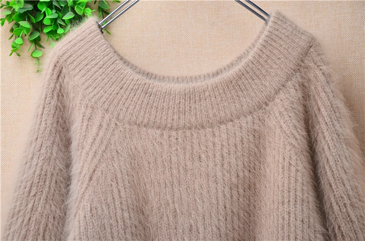 female women thick warm hairy mink cashmere knitted slash neck long sleeves loose pullover angora fur jumper sweater pull tops