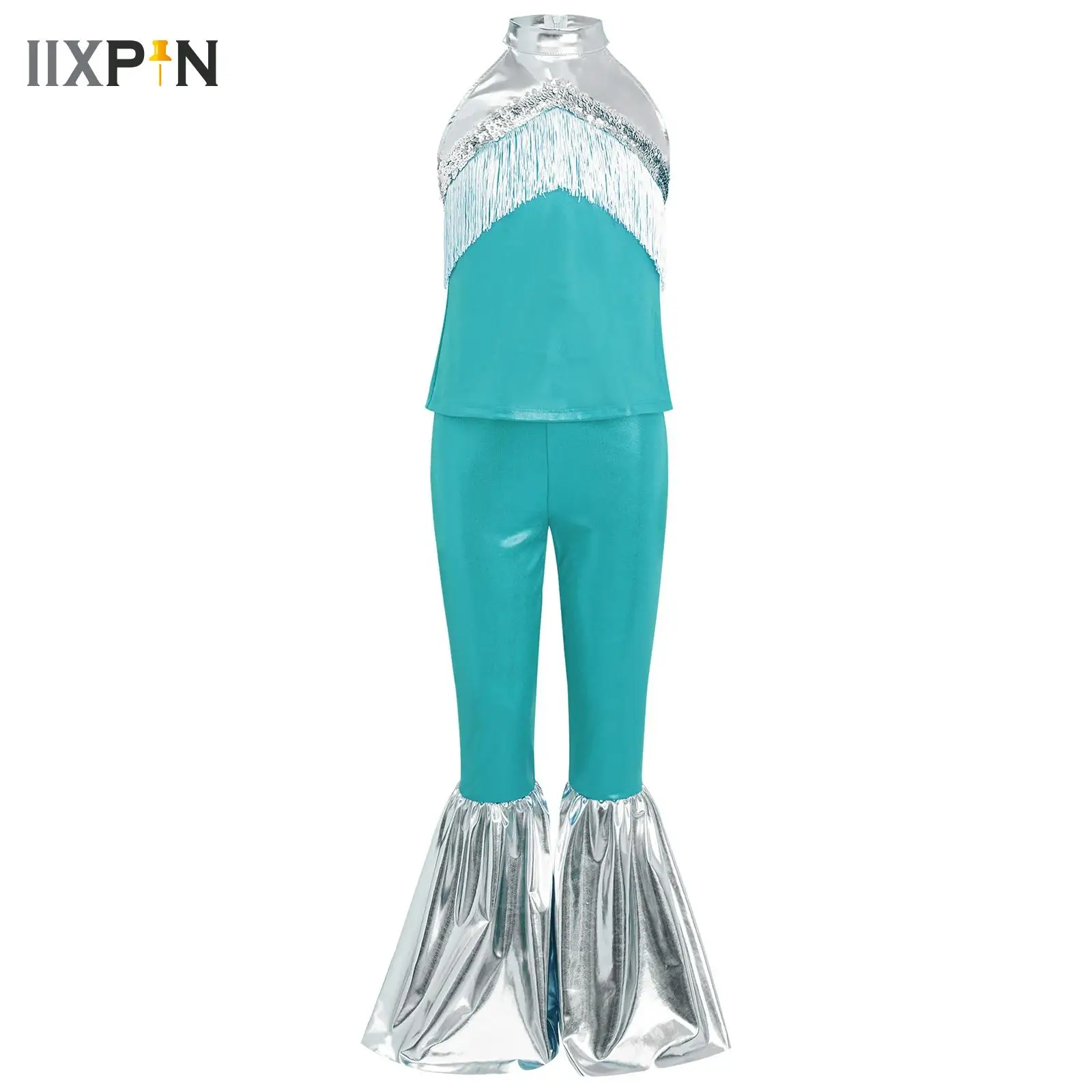 

Kids Girls Shiny Sequins Jazz Dance Set Performance Dancewear Metallic Crop Top+Bell-bottom Pants Vintage 60s 70s Hippie Costume