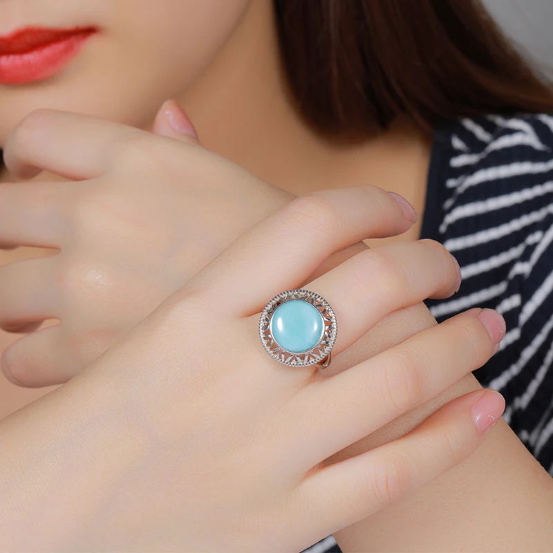 XYOP 925 Silver Gift Natural Blue Larimar Round Personality Ring, Europe And The United States Popular Wedding Jewelry Temperam