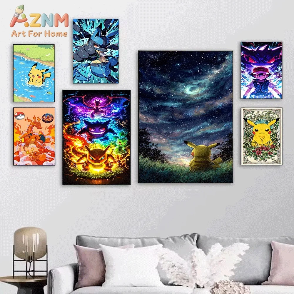 AZNM Cute Pikachu Lightning Effect Anime Canvas Wall Print, Popular Game Character Art Poster, Unframed Canvas Painting for Ki