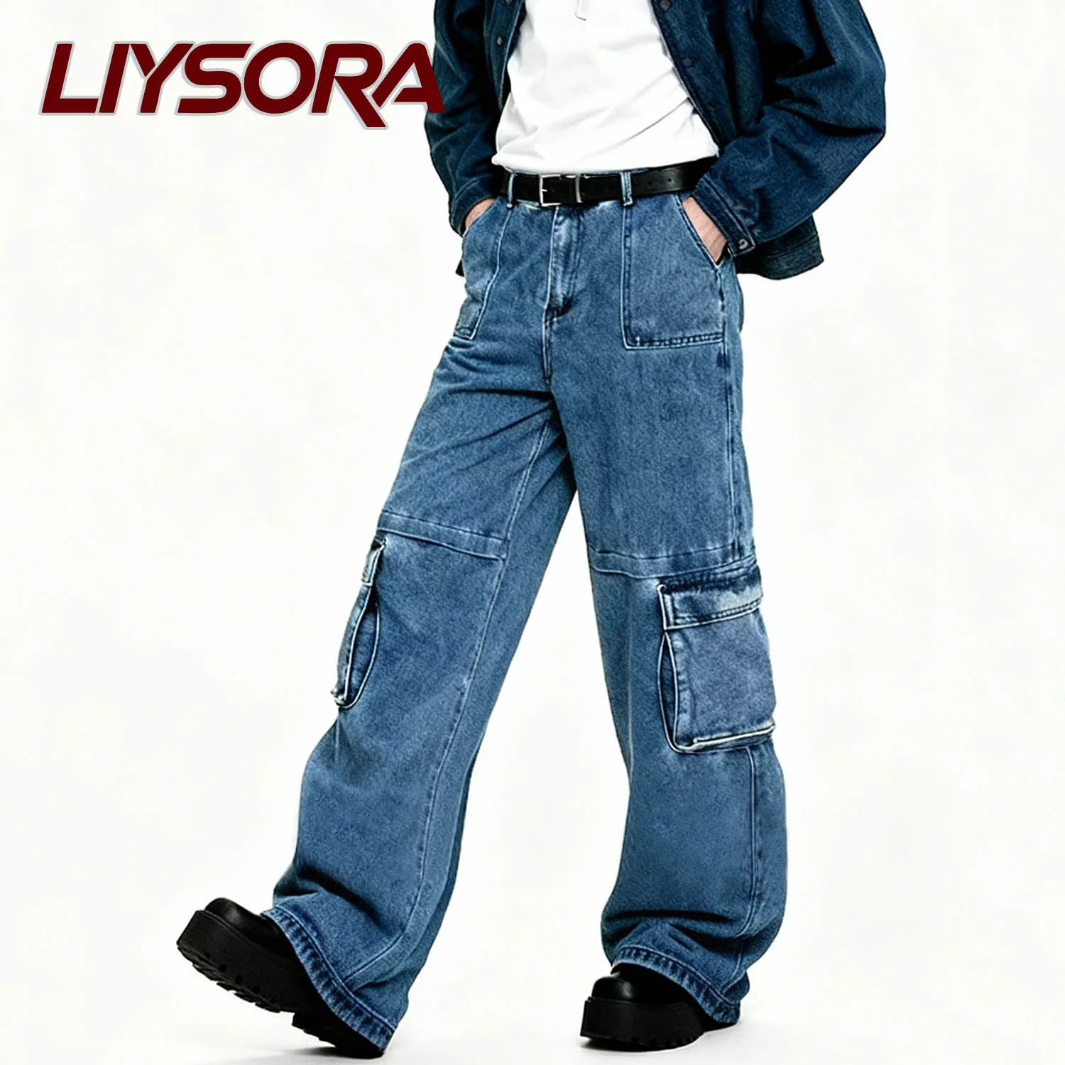 الرجال الأمريكية الأزرق الرجعية غسل فضفاض مستقيم الجينز الذكور متعدد جيب مستقيم أنبوب فضفاض ملابس العمل أربعة مواسم الدنيم السراويل #4