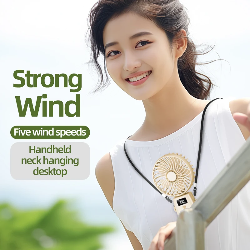 2025 De nieuwe draagbare ventilator kan de nek ophangen voor 10 uur zomer USB-opladen Miniventilator Vijf snelheden Wind Led-display Kantoorventilatoren