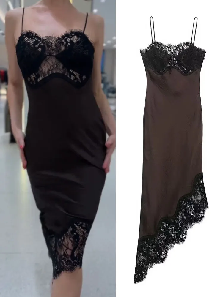 

HH Women's 2026 New Fashion Versatile Asymmetrical Lace Satin Sleeveless Dress Female Elegant Backless Zipper Party Sling Dress