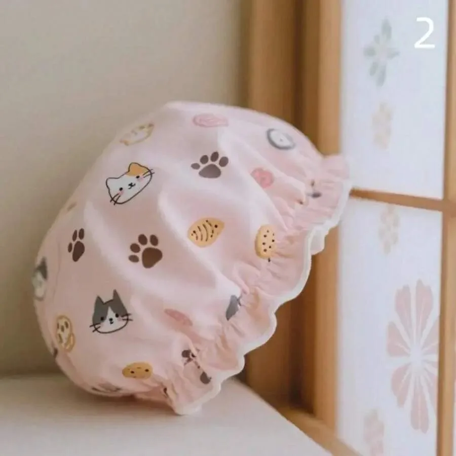 

1Pcs Women Shower Cap Waterproof Wide Elastic Band Reusable Bathroom Cup Cartoon Cat Bear Dog Shower Hat Bathroom Accessories