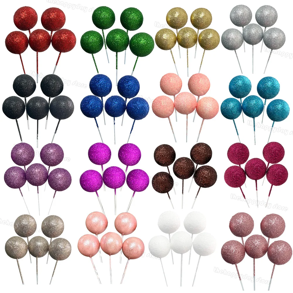 Glitter Balls Cake Toppers Colorful Foam Ball Cupcake Topper Gold Red Green Cake Topper Balls for Birthday Xmas Cake Decorations