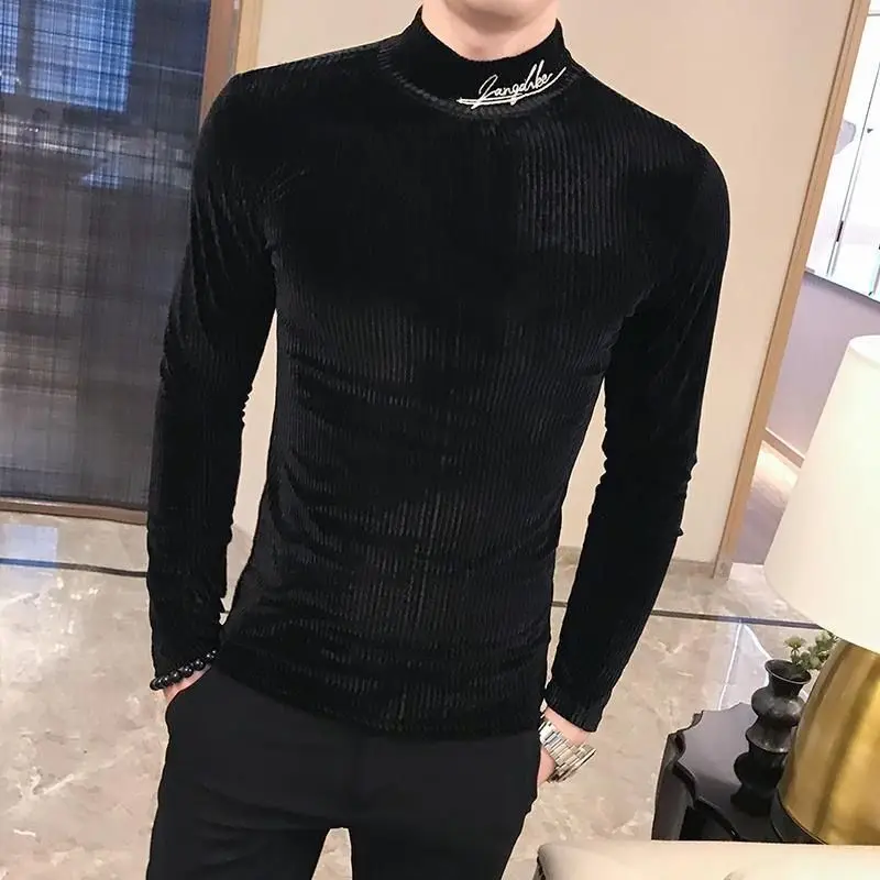 Trend Fashion Autumn Winter Sweaters Men Solid Mock Neck Embroid Thicken Korean Long Sleeve Slim Pullovers Bottoming Shirt Tops