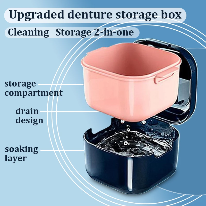 Denture Bath Box Cup Denture Case Set Portable Retainer Case/Strainer Basket False Teeth Braces Denture Cleaning Storage Box