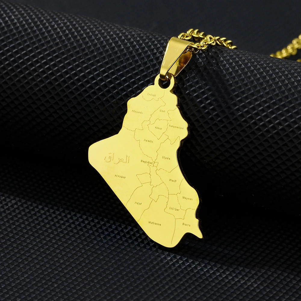 2025 Trendy US EU Hot Sale Stainless Steel Iraq Map City Name Pendant Necklace Unisex Couple Ethnic Style Patriotic Jewelry