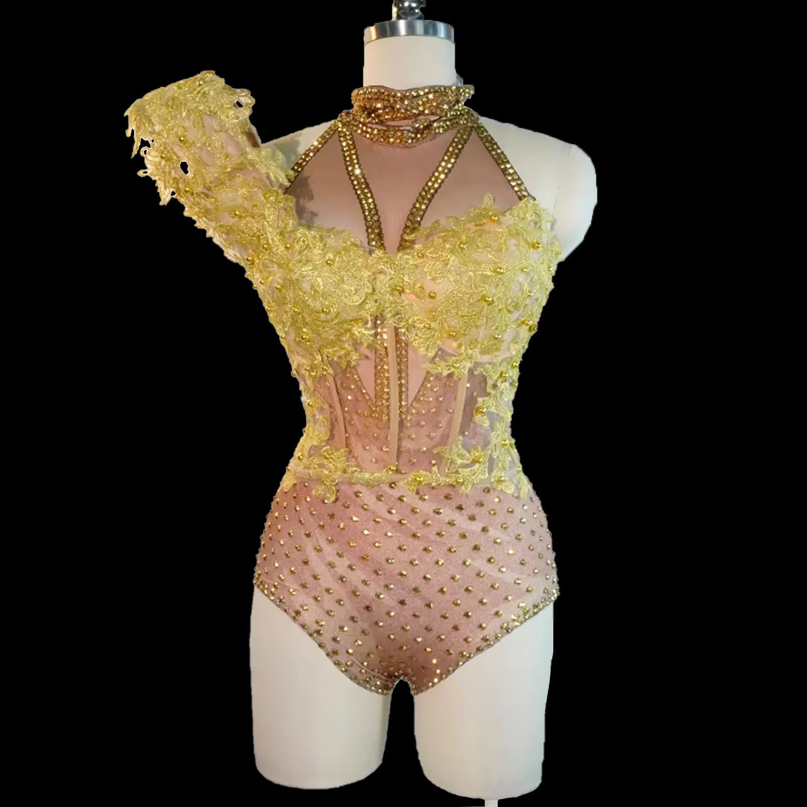 

Custom two-piece rhinestones bodysuit for women sexy Gold lace bar DS nightclub pole dance clothing performance festival stage